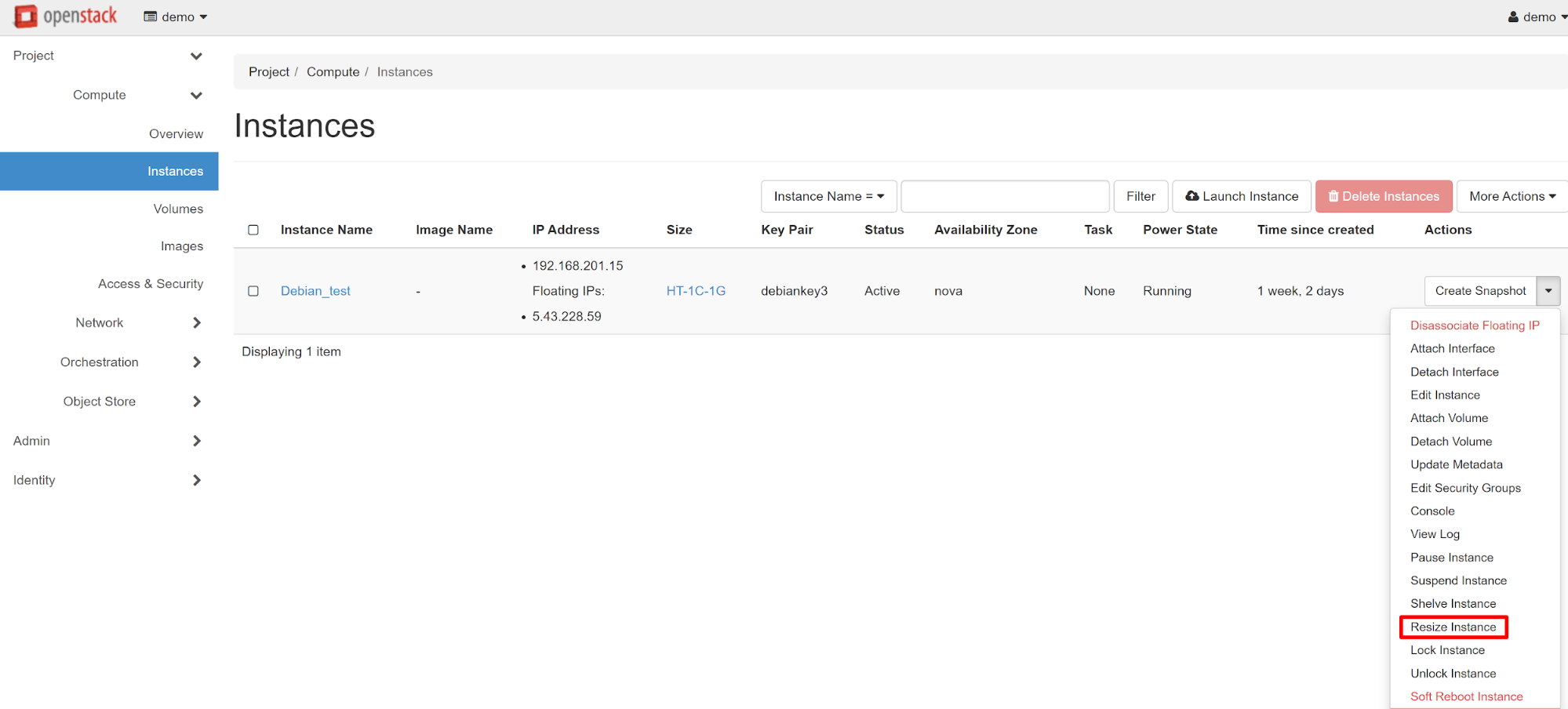 RESIZE INSTANCE