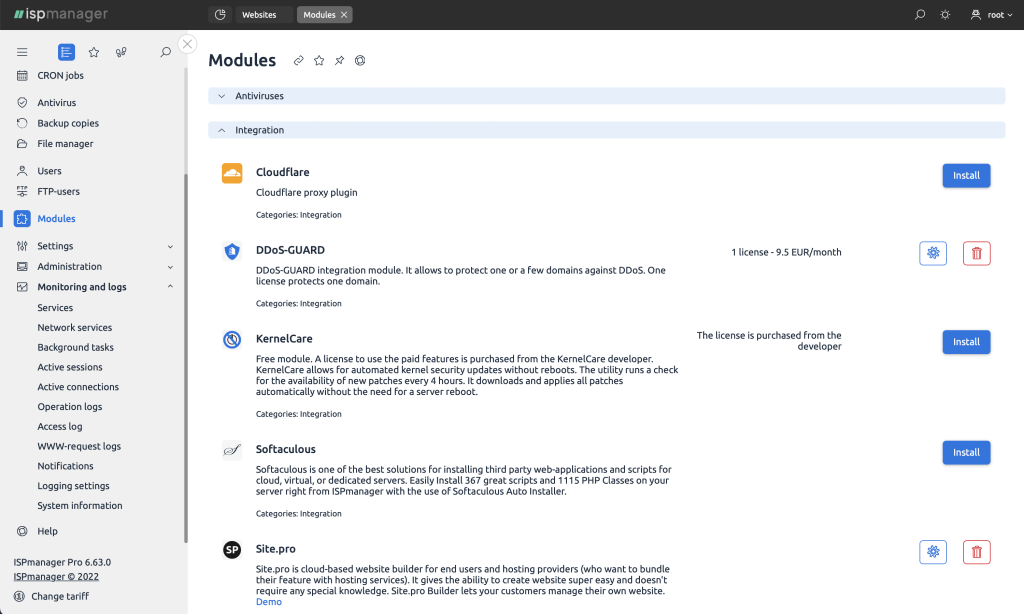 Modules in ispmanager